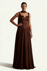 Coffee A Line Corset Satin Long Bridesmaid Dress with Streamer