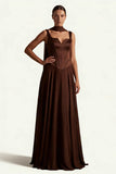 Coffee A Line Corset Satin Long Bridesmaid Dress with Streamer