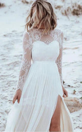 Casual Lace Bateau A Line Tulle Floor length Wedding Dress with Split Front and Pleats
