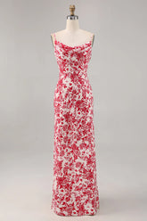 Red Flower Sheath Spaghetti Straps Floral Maxi Dress