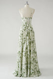 Green A Line Spaghetti Straps Printed Floor Length Bridesmaid Dress with Ruffles