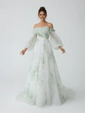 A Line Floral Appliqued Majesty Bridal Wedding Dress with Ruffles