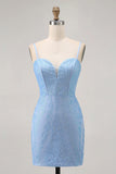 Blue Bodycon Strapless Beaded Short Homecoming Dress with Lace Up Back