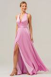 Pink A Line Deep V Neck Lace Up Back Long Satin Bridesmaid Dress with Slit