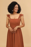 Terracotta A Line Floor Length Chiffon Bridesmaid Dress With Ruffles