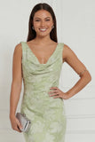 Sage Green Floral Cowl Neck Sheath Long Bridesmaid Dress with Slit