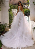 A Line Lace White Sweep Train Sleeveless Backless Wedding Dress