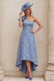 Dusty Blue Floral One Shoulder A Line High Low Mother of the Bride Dress