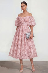 Floral Pink Off the Shoulder A Line Midi Wedding Guest Dress