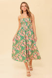 STORYTELLING PINK GREEN MIDI DRESS WITH POCKETS