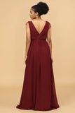 A Line Ruched V Neck Sleeveless Chiffon Bridesmaid Dress with Slit