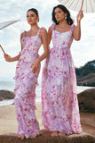 Stylish Grey Purple A Line Square Neck Print Floral Long Bridesmaid Dress with Lace Up Back
