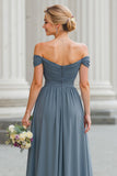 Off The Shoulder Twilight A Line Long Bridesmaid Dress with Slit