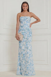 Strapless Corset Blue White Flower Bridesmaid Dress with Lace up Back