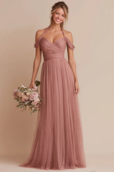 Dusty Rose Halter A Line Ruched Chiffon Long Bridesmaid Dress