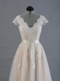 Cap Sleeve V Neck Lace Tulle Wedding Dress With Zipper Back