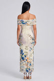 Off the Shoulder Ivory Sheath Floral Wedding Guest Dress