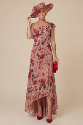 Floral Dusty Rose One Shoulder Ruffled Mother of the Bride Dress with Slit