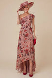 Floral Dusty Rose One Shoulder Ruffled Mother of the Bride Dress with Slit