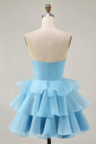 Cute A Line Tiered Strapless Cut Out Blue Short Homecoming Dress