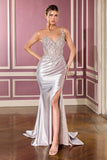 Kendra Gown Silver Dress With Train Skirt Inset Detail
