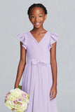 Lilac V Neck A Line Junior Bridesmaid Dress with Bow