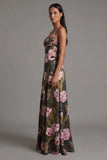 Floral A Line Printed Spaghetti Straps Olive Maxi Formal Dress