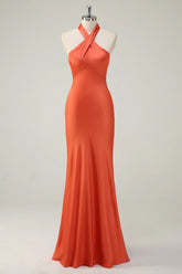Elegant Orange Mermaid Halter Open Back Satin Long Bridesmaid Dress