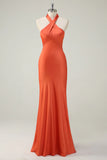 Elegant Orange Mermaid Halter Open Back Satin Long Bridesmaid Dress