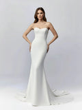 White Simple Sweep Train Boho Long Mermaid Wedding Dress