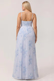Blue Floral Spaghetti Straps Mermaid Streamer Corset Long Plus Size Bridesmaid Dress with Slit