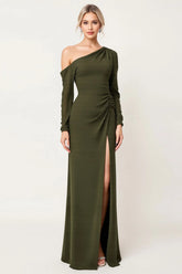 Elegant Sheath One Shoulder Olive Ruched Bridesmaid Dress with Slit