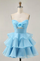 Cute A Line Tiered Strapless Cut Out Blue Short Homecoming Dress