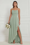 Sage Ruffle A Line Bridesmaid Dress with Slit