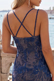Navy Floral Beaded Bodycon Short Homecoming Dress