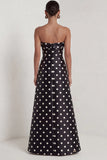 Strapless Black White A Line Polka Dot Long Formal Dress with Slit