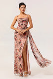 Dusty Rose Flower Fitted Corset Ruched Streamer Chiffon Long Plus Size Bridesmaid Dress with Slit