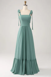 Eucalyptus A Line Spaghetti Straps Pleated Floor Length Bridesmaid Dress