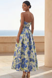 Floral Blue Strapless A Line Wedding Guest Dress