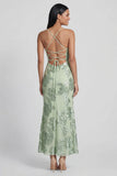 Sage Green Mermaid Floral Wedding Guest Dress with Lace up Back