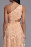 One Shoulder Floral Cut Out Light Orange Wedding Guest Dress