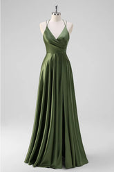 Olive A Line Spaghetti Straps Ruched Satin Long Bridesmaid Dress