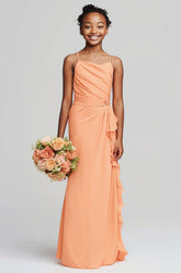 Sunset Sheath Spaghetti Straps Long Junior Bridesmaid Dress with Ruffles