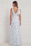 Blue White Flower V Neck Mermaid Bridesmaid Dress with Slit