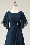 Navy A Line Ruched Chiffon Short Sleeves Chiffon Midi Dress with Rhinestones