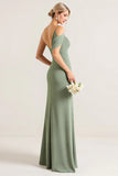 Sheath One Shoulder Olive Ruched Long Bridesmaid Dress