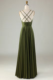 Eucalyptus A Line Spaghetti Straps Floor Length Satin Bridesmaid Dress