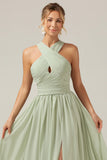 Dusty Sage A Line Halter Pleated Long Maternity Bridesmaid Dress