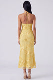 Halter Yellow Keyhole Mermaid Wedding Guest Dress with Appliques