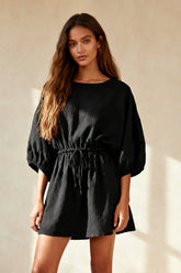 Boat Neck Little Black Dress with 3 4 Sleeves